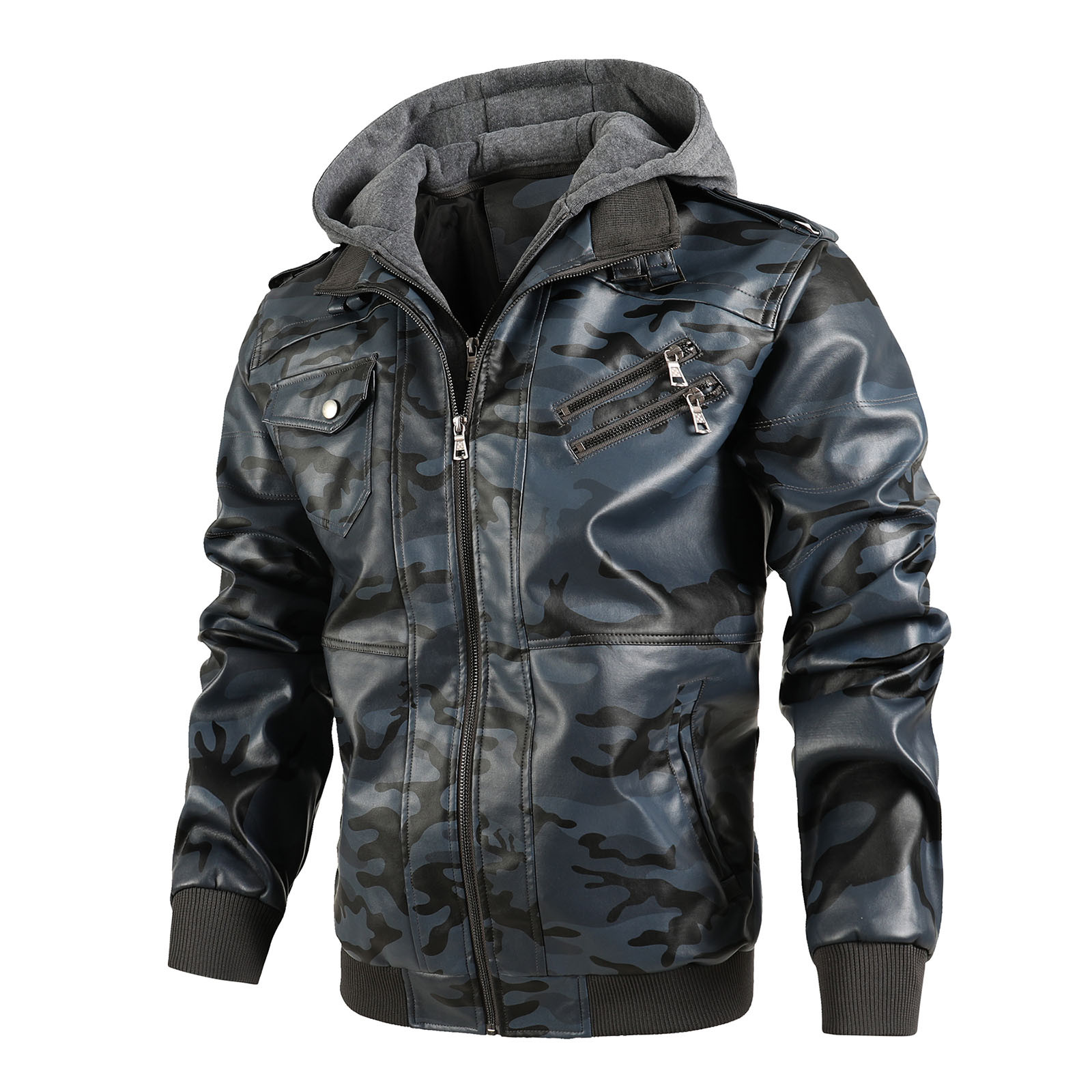 Men's faux leather jacket with removable hood sales