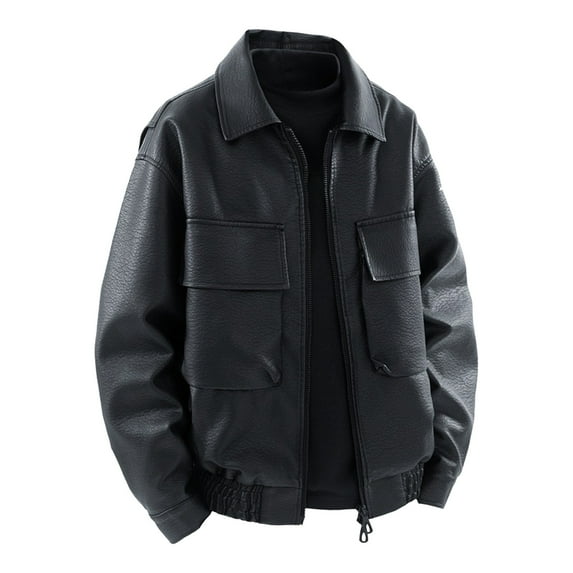 YYDGH Men's Faux Leather Motorcycle Jacket Vintage Zip Up Collared Leather Biker Coat Lightweight Coats with Pocket Black M