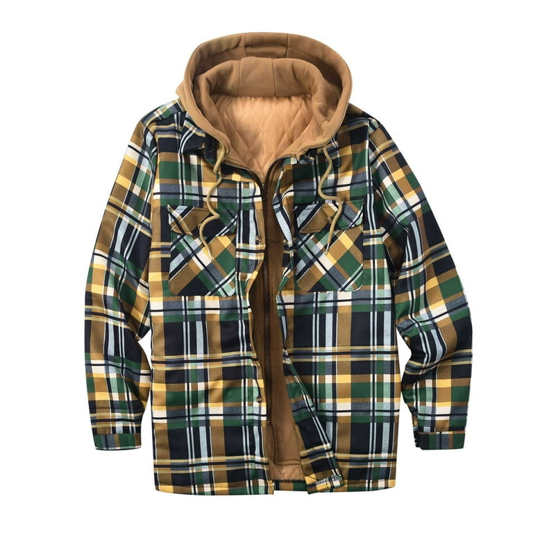 YYDGH Men's Flannel Plaid Shirt Jacket Winter Warm Long Sleeve Quilted  Lined Plaid Drawstring Coats Soft Button Down Thick Shirts with Hood Green  3XL