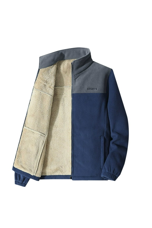 Men's Fleece Jackets Full Zip Lightweight Outdoor Hiking Jackets Winter Stand Collar Coats Thermal Long Sleeve Tops Blue XXL
