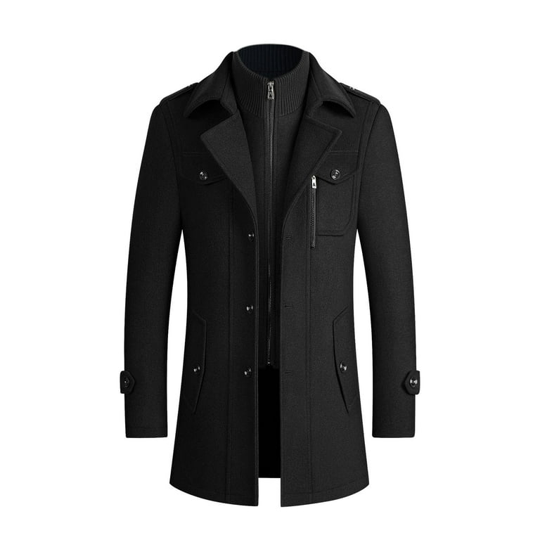 YYDGH Men s Gentle Layered Collar Single Breasted Quilted Lined Wool Blend Pea Coats Winter Stylish Military Zipper Peacoat Black XXL