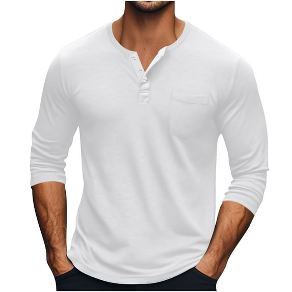 YYDGH Men's Henley Shirts Long Sleeve Button Solid Color T-Shirts Casual Lightweight Loose Fit Fall Pullover Tops White XL
