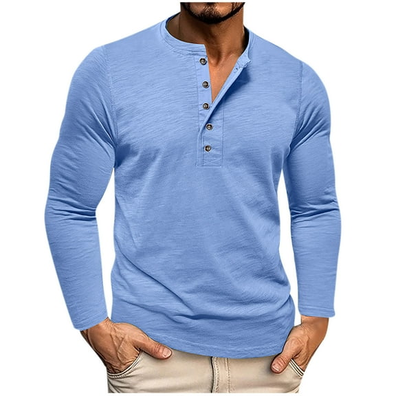 YYDGH Men's Henley Shirts Long Sleeve Cotton Button T Shirts Casual Solid Color Pullover Tops Blue XL