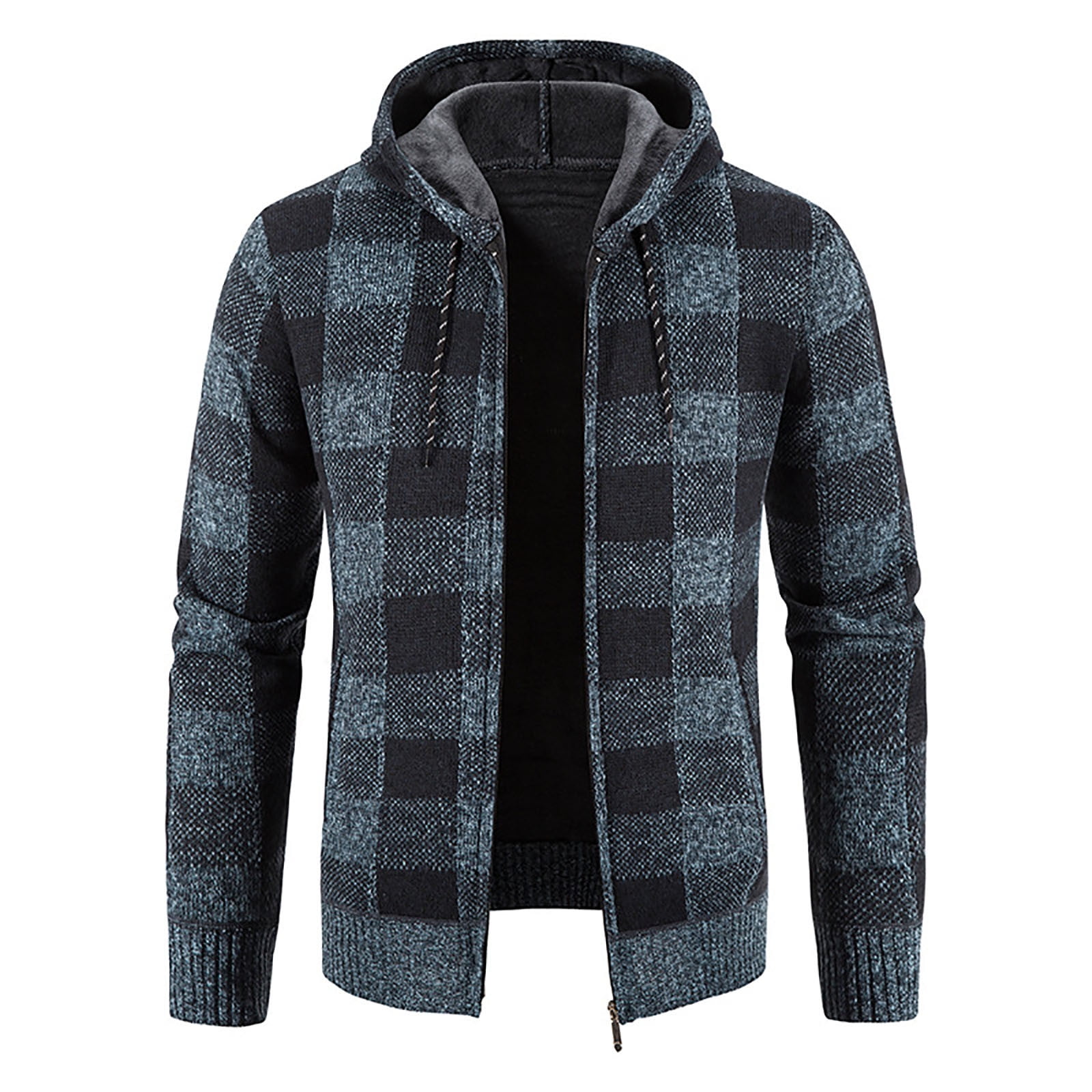 YYDGH Men's Hooded Plaid Coats Full Zip Knitted Cardigan Sweater