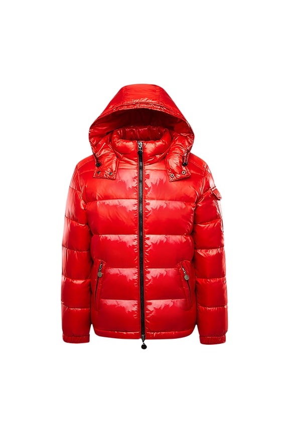 Men's Hooded Puffer Jacket Lightweight Winter Warm Coat Cropped Shiny Down Jacket Full Zipper Long Sleeve Waterproof Thermal Coats Red XL