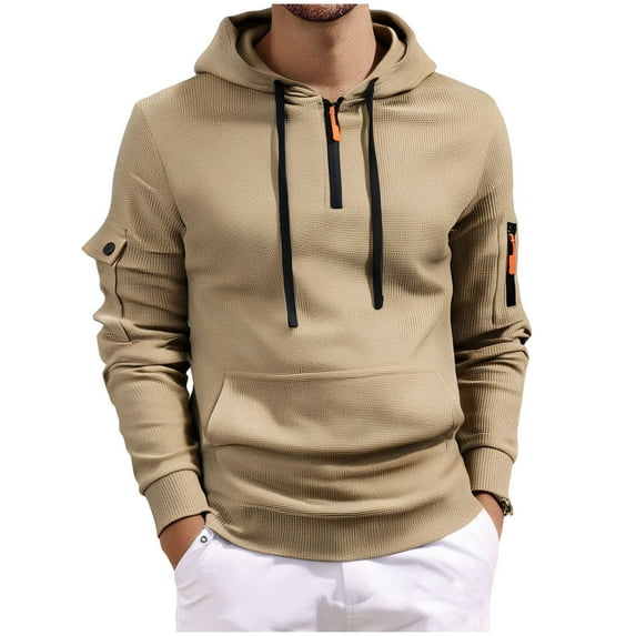 YYDGH Men's Hoodies Quarter Zip Drawstring Pullover Tops Vintage Workout Running Active Hooded Shirts with Pockets Tactical Sweatshirt Khaki 5XL