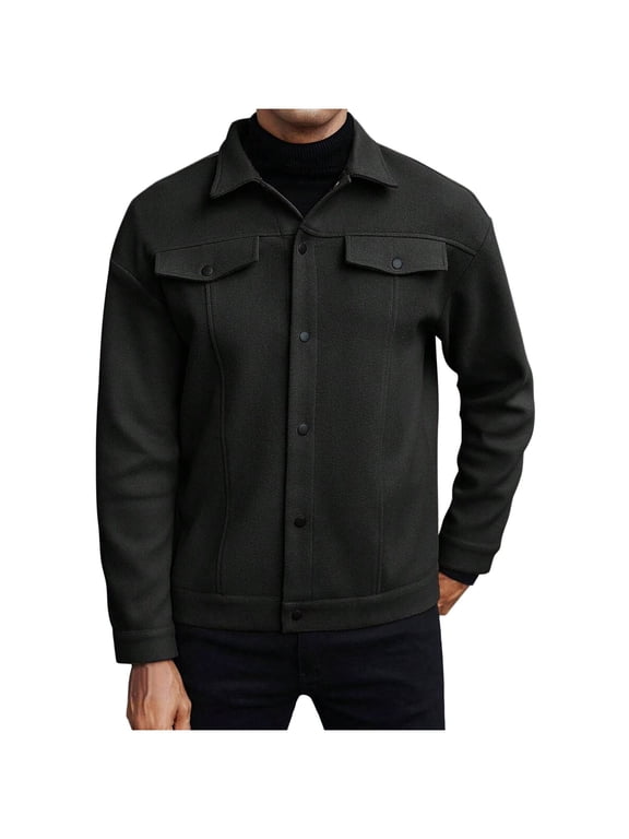 Men's Jacket Long Sleeve Button Down Jackets Open Front Cardigan Overcoat Lightweight Casual Coat with Flap Pockets Black S