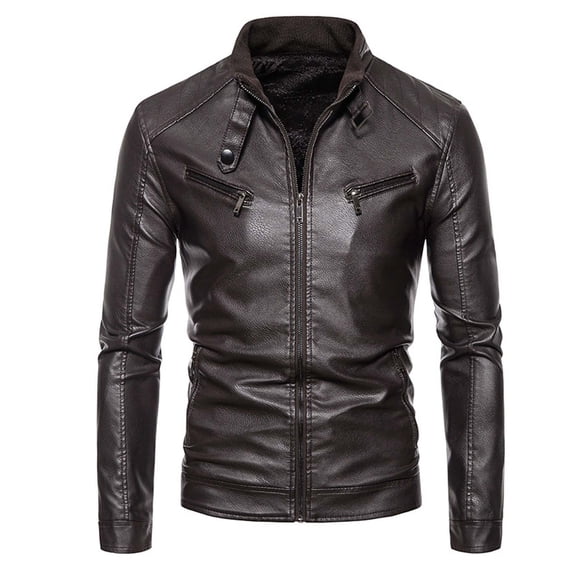 YYDGH Men's Jackets Spring Winter Mens Slim Fit Motorcycle Biker Warm Jacket Coats Casual Plus Size PU Leather Jacket Coffee L