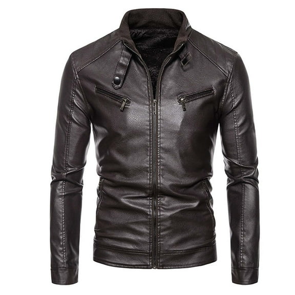 YYDGH Men's Jackets Spring Winter Mens Slim Fit Motorcycle Biker Warm Jacket Coats Casual Plus Size PU Leather Jacket Coffee M