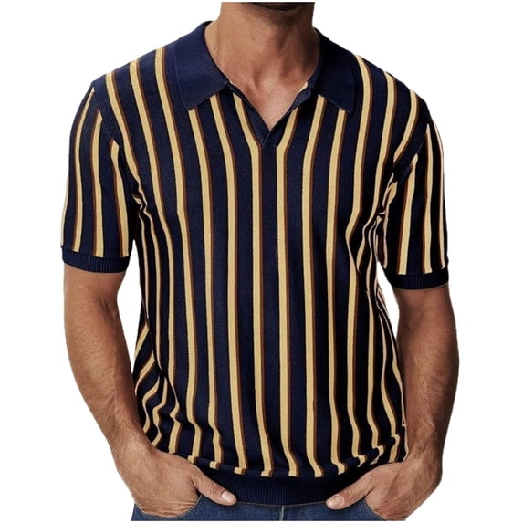 YYDGH Men's Knit Polo Shirts Short Sleeve Vintage Striped Print Golf Shirt Casual Polo Classic Collared T Shirt