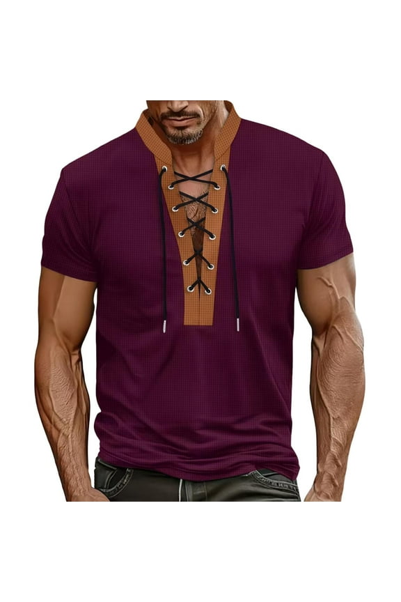 Men's Lace Up V Neck Short Sleeve Bohemian Hippie Kilt Medieval Summer Mens Vintage Sweatshirt