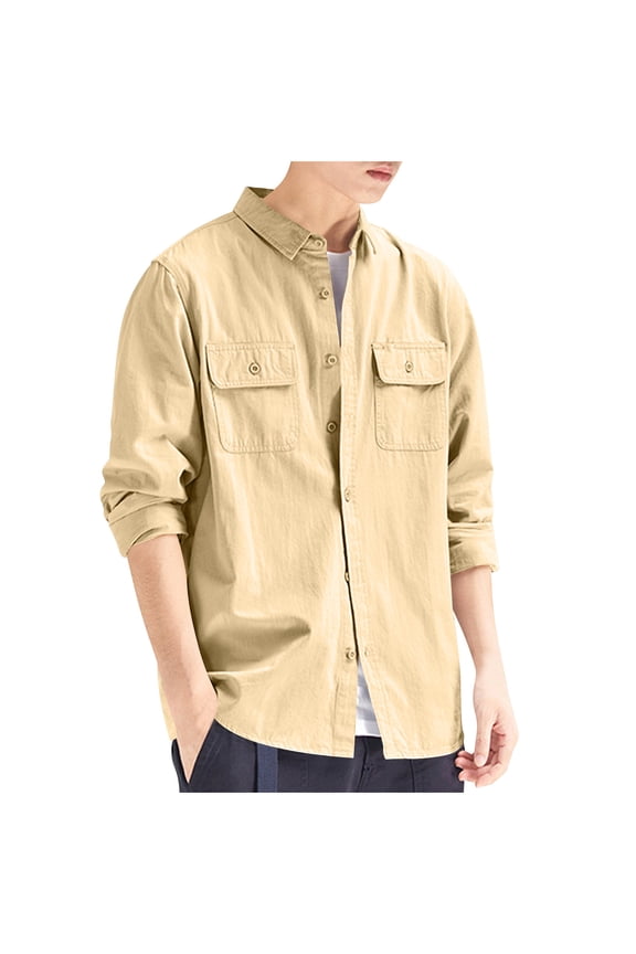 Men's Long Sleeve Button Down Shirts Fall Lapel Solid Color Work Shirts Jackets Casual Lightweight Tops with Pockets Khaki M