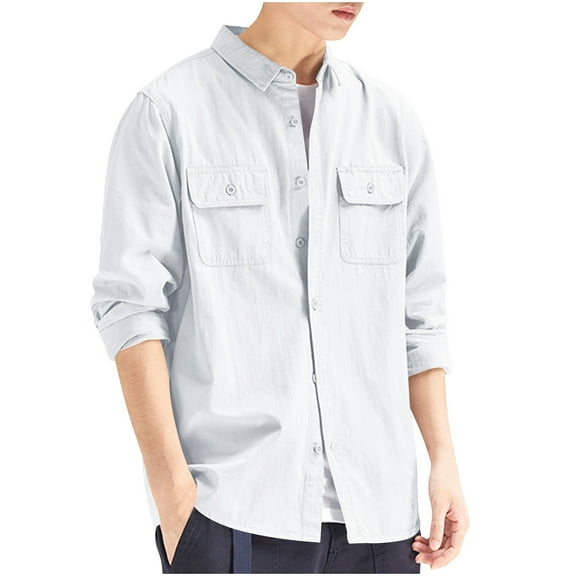 YYDGH Men's Long Sleeve Button Down Shirts Fall Lapel Solid Color Work Shirts Jackets Casual Lightweight Tops with Pockets L