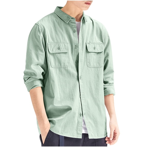 YYDGH Men's Long Sleeve Button Down Shirts Fall Lapel Solid Color Work Shirts Jackets Casual Lightweight Tops with Pockets Mint Green XXL