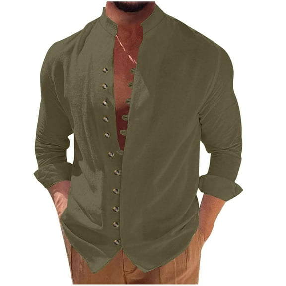 YYDGH Men's Long Sleeve Cotton Shirt Button up Loose Fit Vintage Shirts Banded Collar Tops Long Sleeve Solid Color Shirt