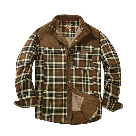 YYDGH Men's Long Sleeve Shacket Casual Flannel Long Sleeve Plaid Button Down Lapel Cotton Shirt Jackets with Pockets