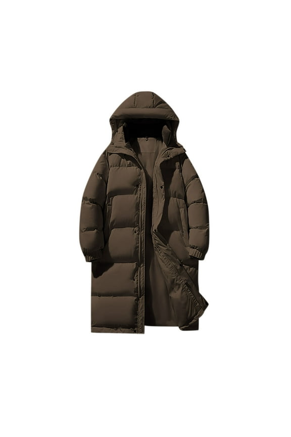 Men's Long Winter Coats Warm Quilted Padded Jackets with Pockets Big and Tall Winter Hooded Outerwear Overcoat Coffee S