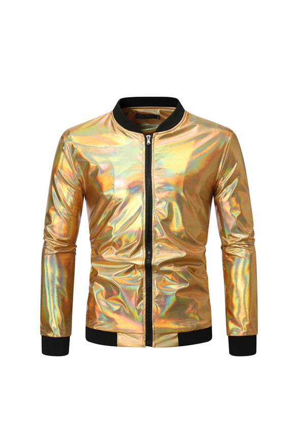 Men's Metallic Bomber Jacket 70s Disco Varsity Jacket Zip Up Party Baseball Coats Gold XL