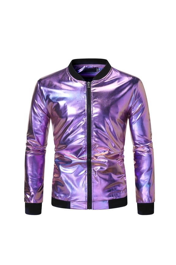 Men's Metallic Bomber Jacket 70s Disco Varsity Jacket Zip Up Party Baseball Coats Purple S