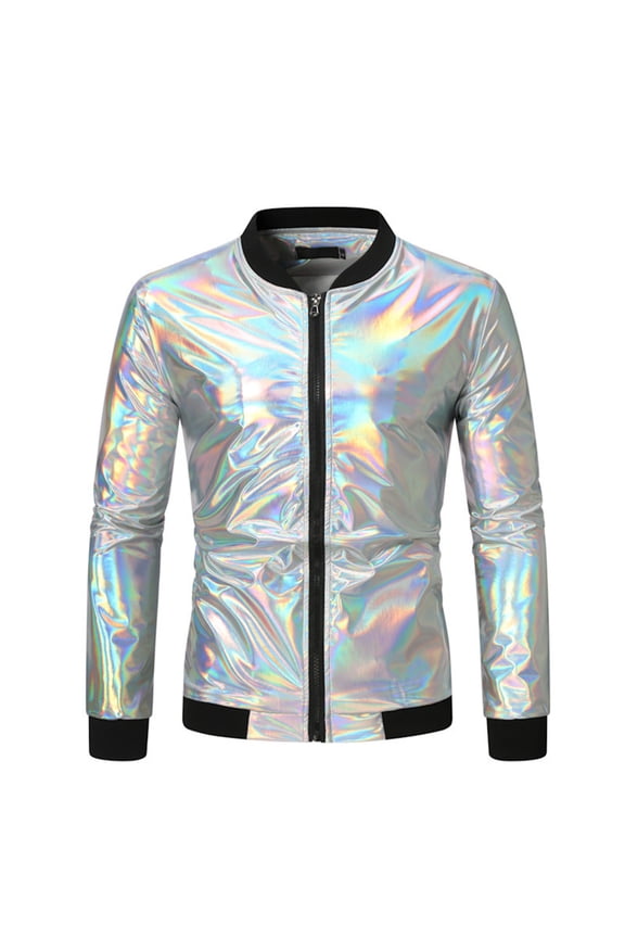Men's Metallic Bomber Jacket 70s Disco Varsity Jacket Zip Up Party Baseball Coats Silver L