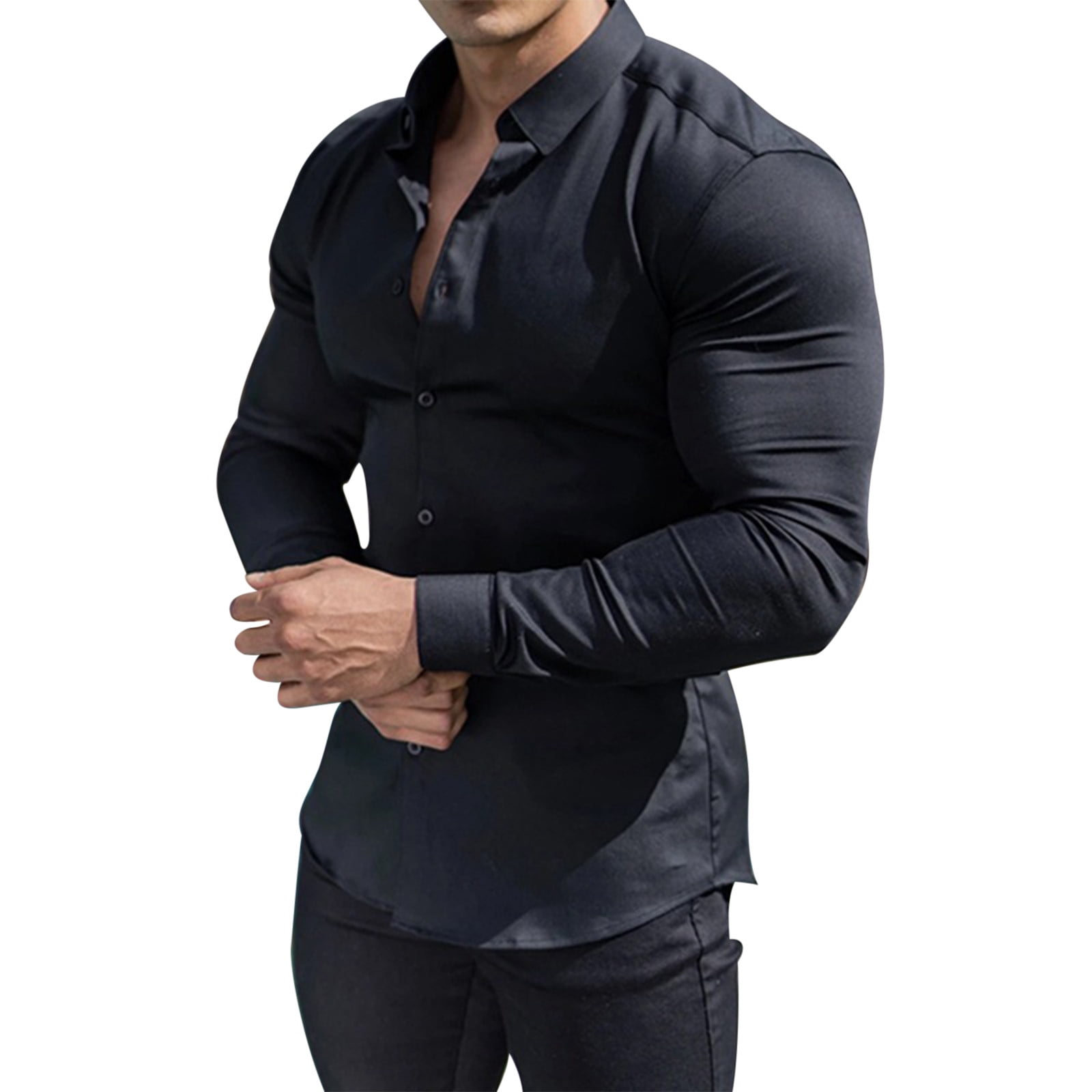 YYDGH Men\'s Muscle Dress Shirts Slim Fit Stretch Long Sleeve Casual Button  Down Shirt(Black,3XL)