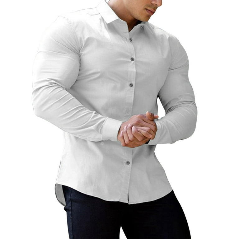 YYDGH Men's Muscle Dress Shirts Slim Fit Stretch Long Sleeve Casual Button  Down Shirt(White,L)