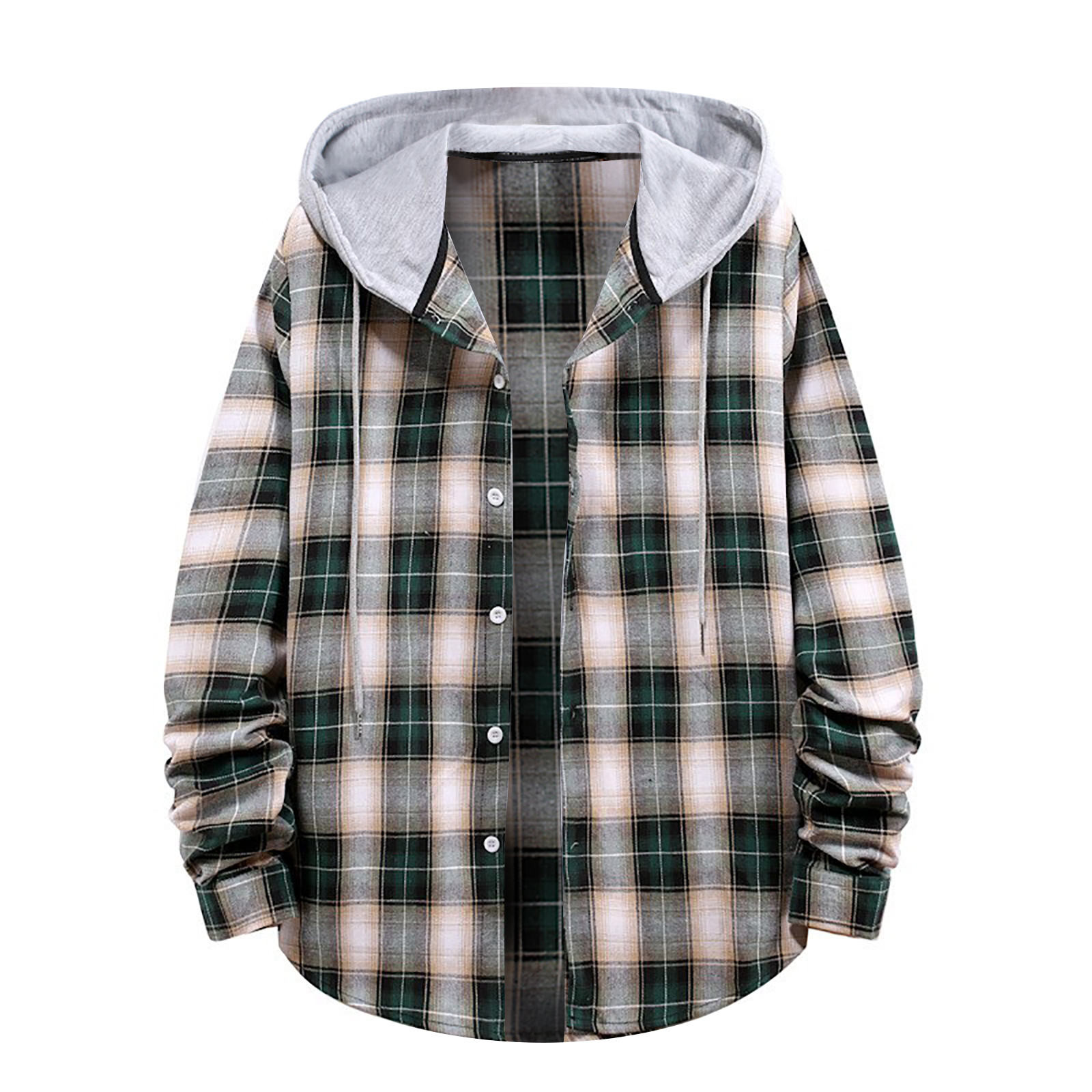 YYDGH Men s Plaid Hooded Shirts Casual Long Sleeve Lightweight Shirt Jackets Loose Drawstring Button Down Hoodie Jacket Army Green L