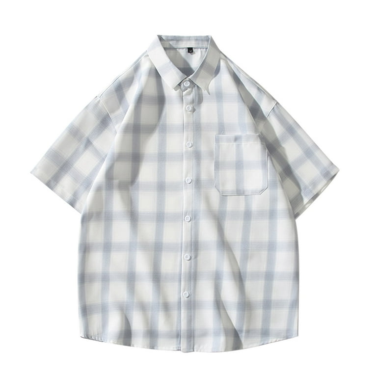 YYDGH Men's Plaid Short Sleeve Button Down Shirts Casual Cotton Classic  Dress Shirts with Pocket Blue 5XL