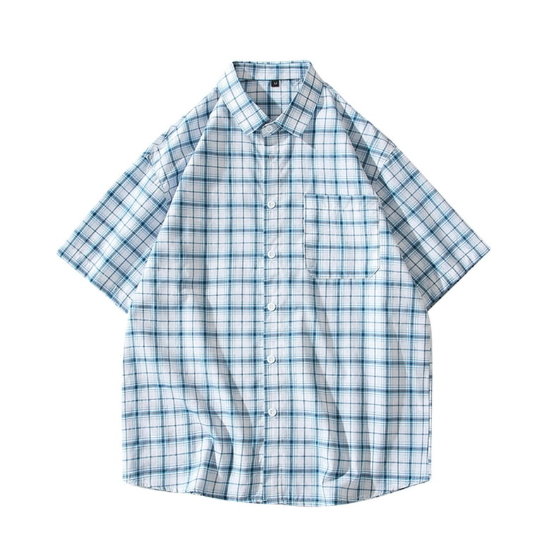 YYDGH Men's Plaid Short Sleeve Button Down Shirts Casual Cotton Classic  Dress Shirts with Pocket Blue M 