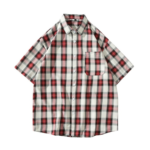 YYDGH Men's Plaid Short Sleeve Button Down Shirts Casual Cotton Classic Dress Shirts with Pocket Red 5XL