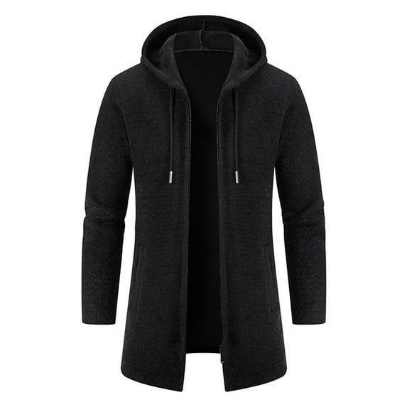 YYDGH Men's Plus Size Wool Blend Jacket Winter Warm Knit Thicked Overcoats Casual Slim Fit Medium Long Plush Fleece Hooded Coats(Black,M)