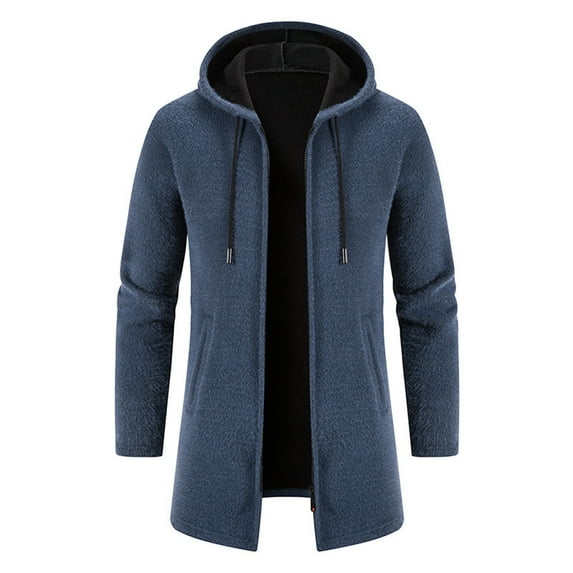YYDGH Men's Plus Size Wool Blend Jacket Winter Warm Knit Thicked Overcoats Casual Slim Fit Medium Long Plush Fleece Hooded Coats(Blue,XL)
