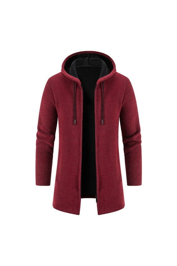 Men's Plus Size Wool Blend Jacket Winter Warm Knit Thicked Overcoats Casual Slim Fit Medium Long Plush Fleece Hooded Coats(Red,4XL)