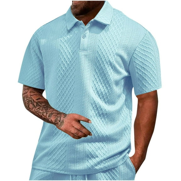 YYDGH Men's Polo Shirts Casual Short Sleeve Textured Knit Shirts Lightweight Summer Lapel Button Solid Color Tops