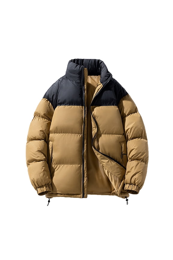 Men's Puffer Jacket Stand Collar Zip Up Lightweight Quilted Jacket Outwear Retro Bubble Color Block Winter Coat with Pockets Brown 4XL