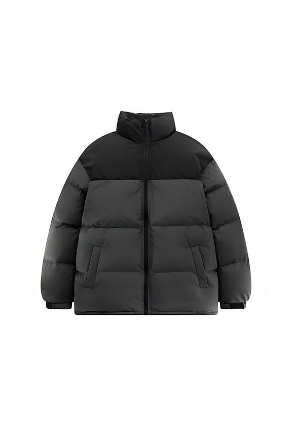 Men's Puffer Jacket Stand Collar Zipper Coat with Pockets Retro Bubble Outerwear for Winter Colorblocked Warm Tops Dark Gray XL