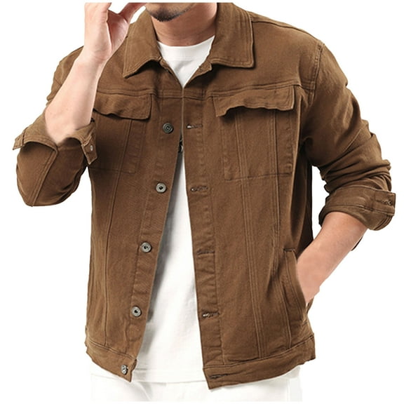 YYDGH Men's Regular Fit Denim Jacket Casual Button Down Washed Long Sleeve Jean Trucker Jacket Lapel Button Down Top Coffee M