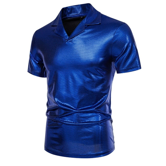 YYDGH Men's Short Sleeve Collared Metallic Shirts Lapel V-Neck Reflective Sequin Shiny Disco Tops