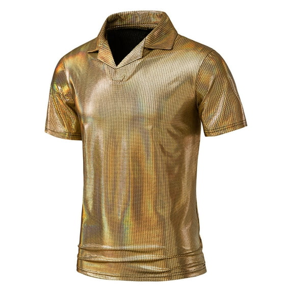 YYDGH Men's Short Sleeve Collared Metallic Shirts Lapel V-Neck Reflective Sequin Shiny Disco Tops