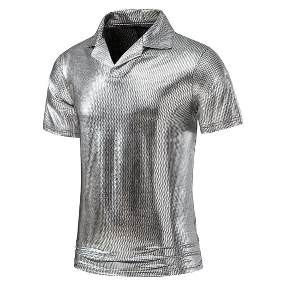 YYDGH Men's Short Sleeve Collared Metallic Shirts Lapel V-Neck Reflective Sequin Shiny Disco Tops