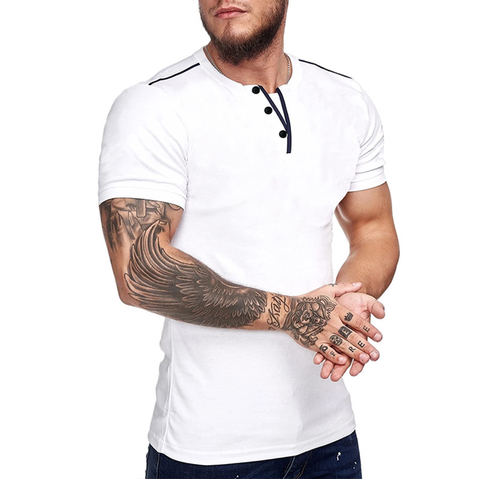 Men's Short Sleeve Henley Shirt - Summer Casual Slim Fit Cotton T-Shirt, White Small