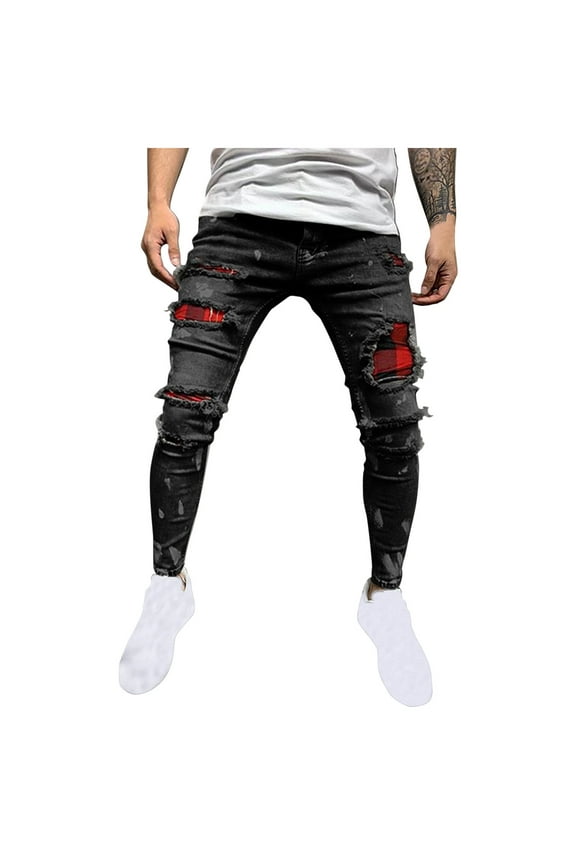 Men's Skinny Jeans Straight Slim Fit Ripped Distressed Stretchy Pants with Plaid Patches Tapered Leg Pants