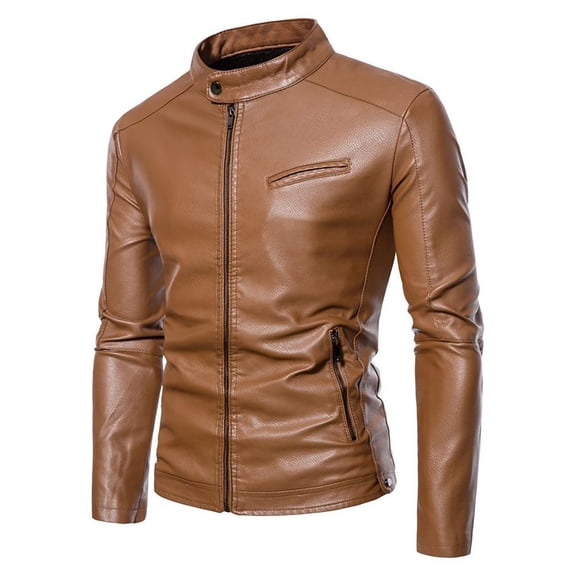 YYDGH Men's Smooth Leather Moto Jacket Faux Leather Jacket Motorcycle Biker Bomber Coat Stand Collar Slimming Outwear Khaki XL
