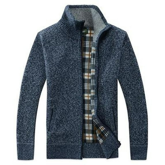 YYDGH Men's Stand Collar Cardigans Slim Fit Full Zipper Knit Sweater Casual Long Sleeve Plaid Jacket with Pockets Blue XL