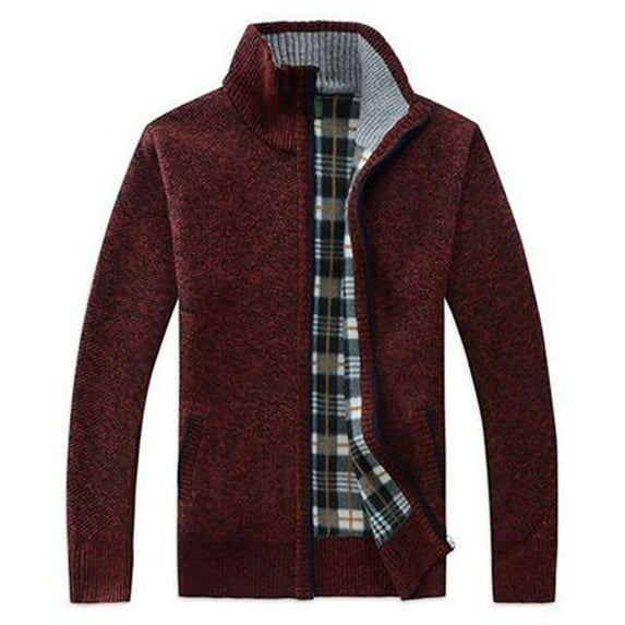 YYDGH Men's Stand Collar Cardigans Slim Fit Full Zipper Knit Sweater Casual Long Sleeve Plaid Jacket with Pockets Wine XXL
