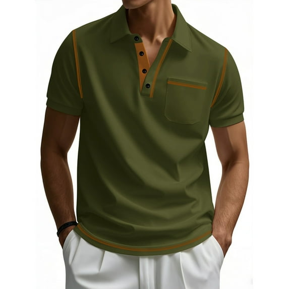 YYDGH Men's Summer Polo Shirts Lapel V Neck Short Sleeve Tees Casual Solid Color Trendy Button Collared Slim Fit Tops Pocket