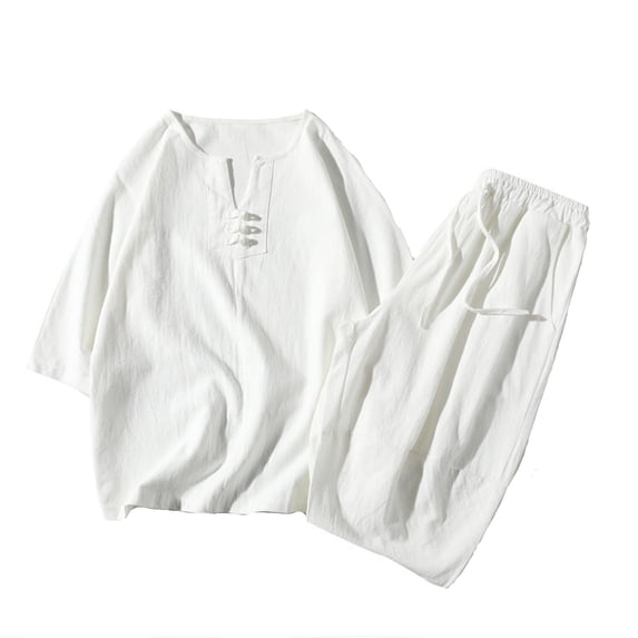 YYDGH Men's Summer Sets 2 Piece Short Sleeve V Neck T Shirt and Wide Leg Capri Pants Sets Casual Loose Fit Loungewear Tracksuit