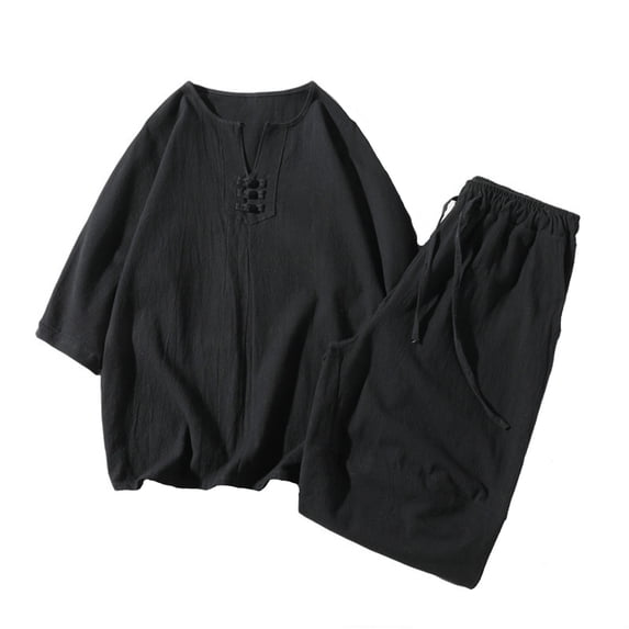 YYDGH Men's Summer Sets 2 Piece Short Sleeve V Neck T Shirt and Wide Leg Capri Pants Sets Casual Loose Fit Loungewear Tracksuit