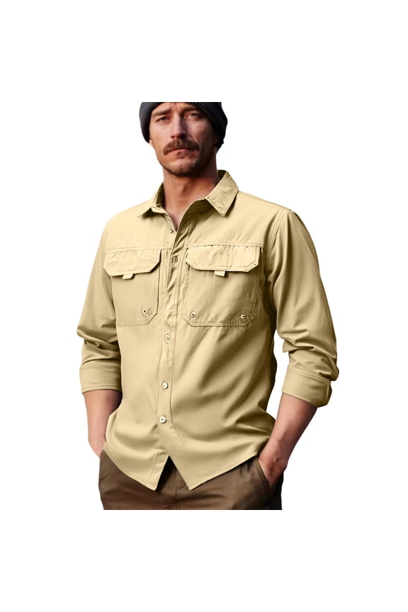 Men's Sun Protection Shirt Jackets with Zipper Pockets Long Sleeve Button Down Shirts UPF 50+ UV Quick Dry Cooling Shirts for Men Hiking Travel Khaki 4XL