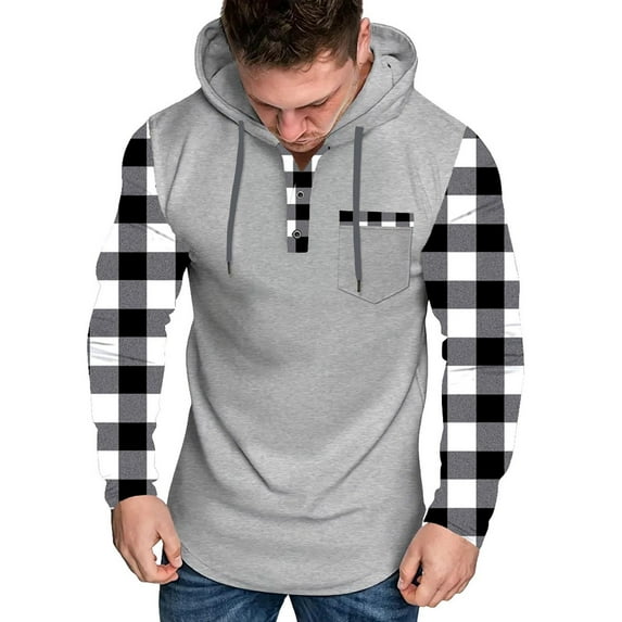 YYDGH Men's Sweatshirts Raglan Long Sleeve Hooded Pullover Patchwork Plaid Hoodies Lightweight Casual Drawstring Hoody Tops White XXL